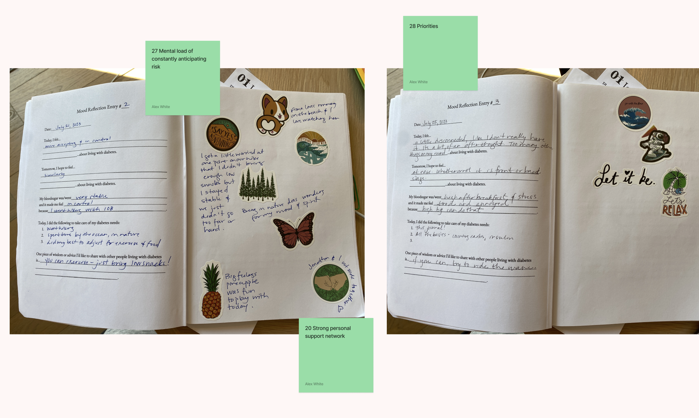 A picture of a completed entry cultural probe kit journal. Journal entries were scanned electronically and then thematically tagged in the FigJam board.