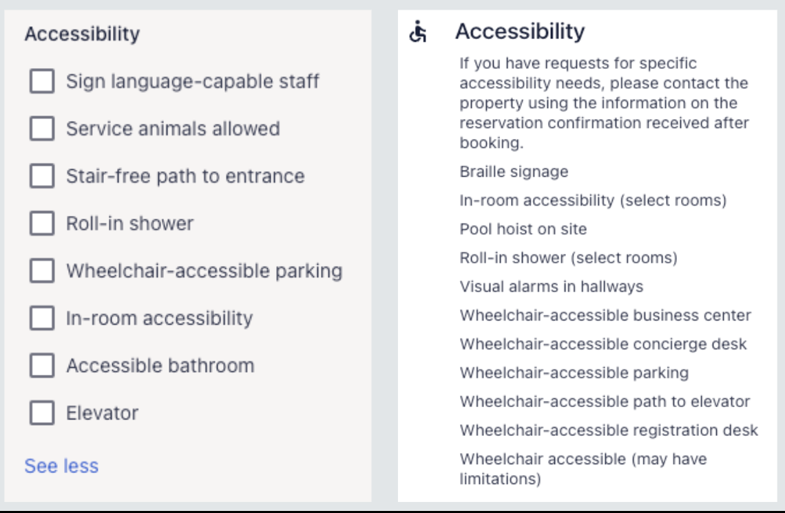 A side by side comparison of the page search filters versus the detailed page accessibility information. Search filter options are limited to mobility needs, while other accessibility needs are not accounted for, such as hearing and visual accommodations.